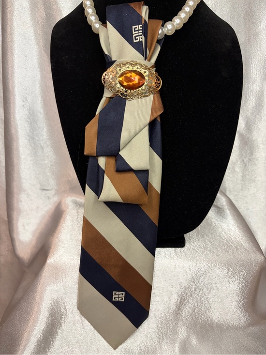 Givenchy Accessories - Women’s Tie- Givenchy Navy Blue Brown Cream Striped Silk